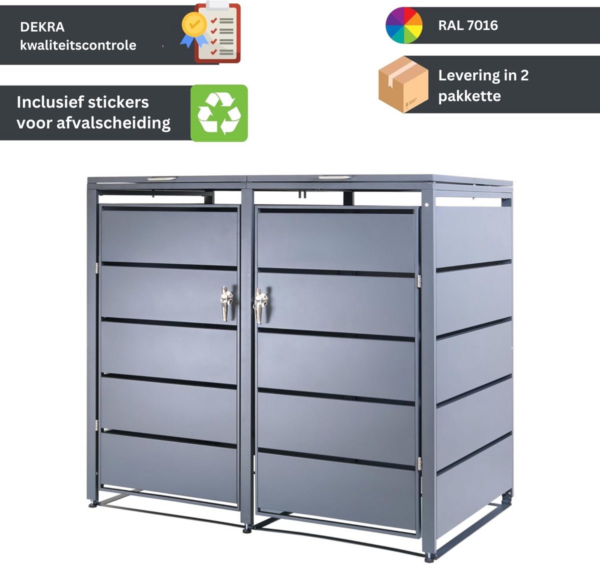 Albatros afvalcontainerbox voor 2 containers | tot 240 liter | antracietgrijs RAL 7016 | verzinkt staal | premium dempers | stickerset | weerbestendig | verstelbare poten | deurklink met slot | tuinbox — afbeelding 7