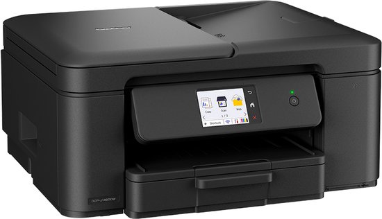 Zwarte Brother DCP-J1460DW printer met scherm en papierlade.