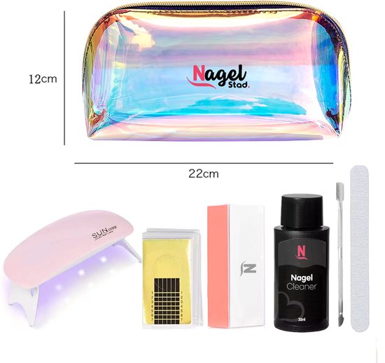 Nagelset met transparante tas, UV-lamp, nagelcleaner, nagelvijl en diverse BIAB-producten.