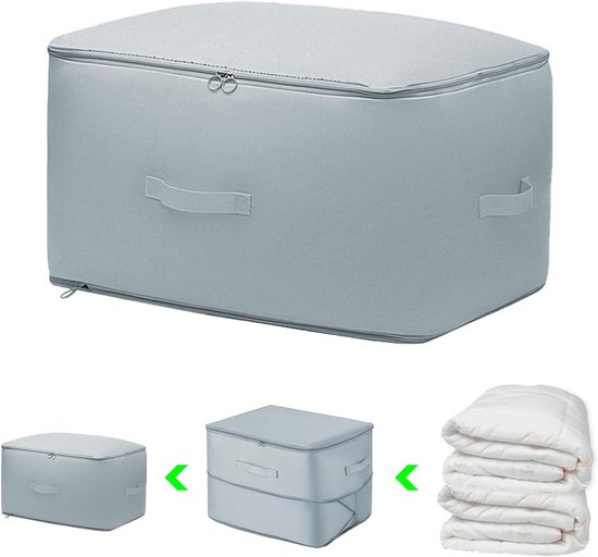 Ultra ruimtebesparende zelfcompressie organizer, dubbele rits gecomprimeerde opbergzakken voor deken/dekbedden/jas, met handgrepen (grijs, L-42 x 52 x 15 cm