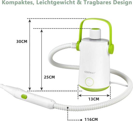 COSTWAY Handstoomreiniger 1000 W en 300 ml watercapaciteit en 10 accessoiresets Steamshot Steam Cleaner stoomreiniger voor alles tapijten ramen bekleding badkamer groen van Costway — afbeelding 2