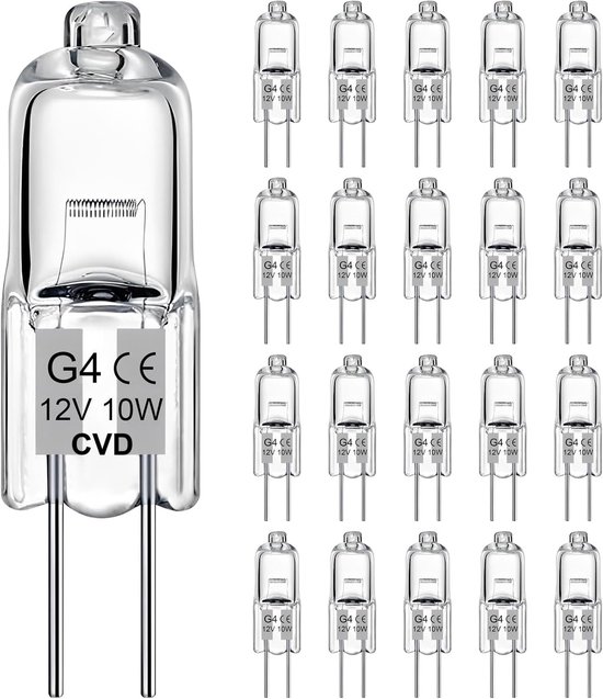 Een G4 halogeenlamp van 12V 10W CVD, met een heldere glazen kap en twee metalen pinnetjes.