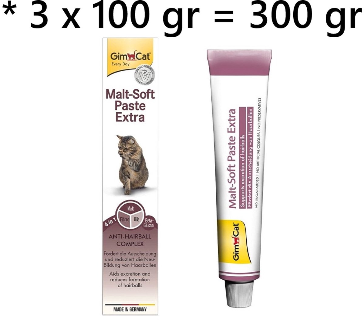 ** 3 x ** Gimcat haarbalpasta 100 gr = 300 gram - 4 in 1 : malt , vezels en olien - bevorderen het welzijn van uw kat