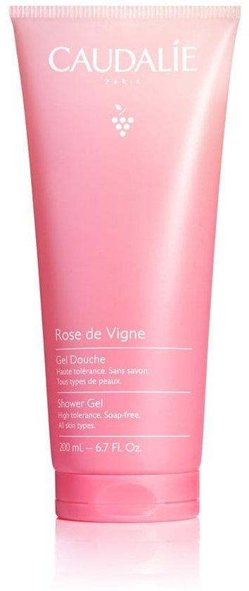 Roze Caudalie Rose de Vigne douchegel tube met witte tekst.