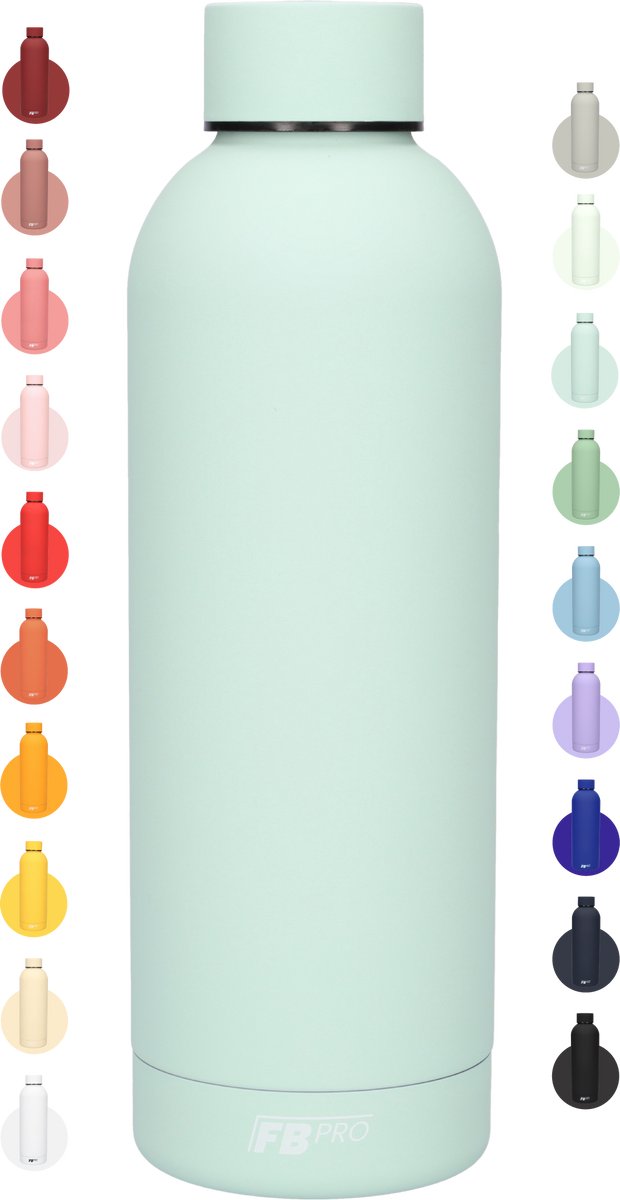 Drinkfles - Dubbelwandige waterfles - Thermosfles - RVS thermos fles - Geschikt voor warme en koude dranken - Extra grip door rubbercoating - 500 ML - Mint