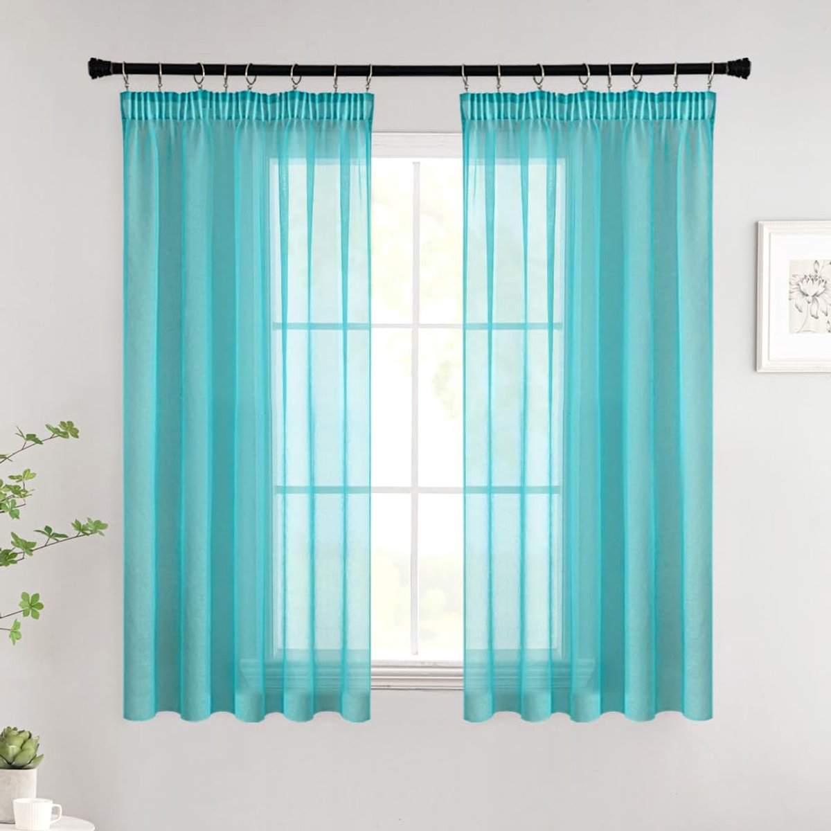 Unyqoos ® Transparante Voile Gordijnenset met Plooiband voor Slaapkamer en Woonkamer, Modern en Romantisch Turquoise