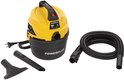 Gele en zwarte Powerplus nat-droog stofzuiger met slang, spuitmond, stekker en accessoires.