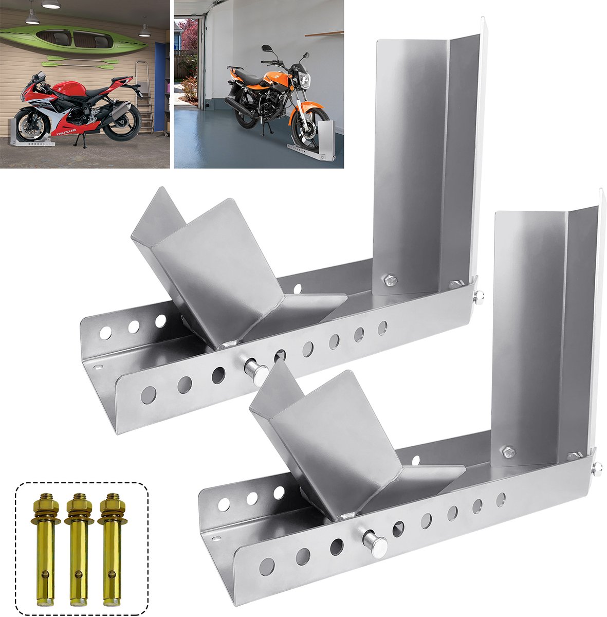 Laadhulp, rail, motorwip, motorstandaard, voorwielklem, versterkte standaard, met 3 ankerbouten, hoge veiligheidsfactor (2 stuks)