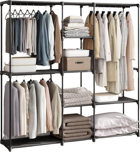ACAZA Kledingkast - Kledingkasten Slaapkamer - Open Kledingkast - Garderoberek - 182 x 182 x 43 cm - Metaal met Stof - Zwart
