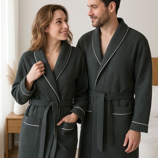 Betully ® - Peignoir gaufré unisexe - Badjas 100% coton turc - Anthracite - Peignoir gaufré pour femme et homme - Taille L/XL - Peignoir - Col châle - Badjas femme - Badjas homme - Taille L / XL - Anthracite