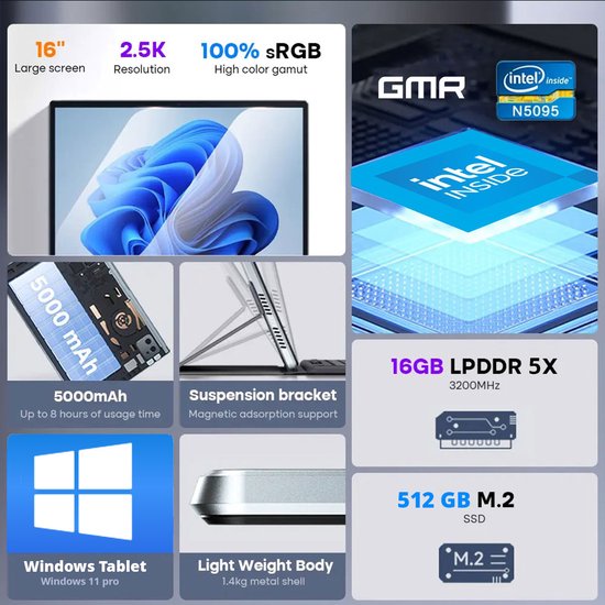 GMR Windows 11 Tablet - 16 inch QHD Touchscreen - 16GB RAM - 512GB SSD ...