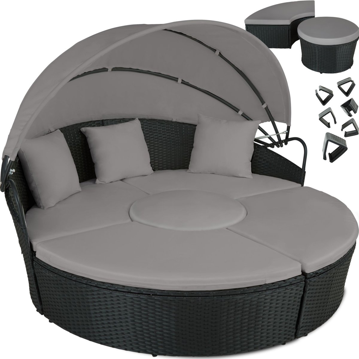 tectake® Zonne eiland Santorini - Loungebed voor 2 Personen - Multifunctioneel Ligbed met Zonnescherm - Vrij in te delen Tuin Ligstoel - UV- en Weerbestendig - Inclusief Kussens - Zwart