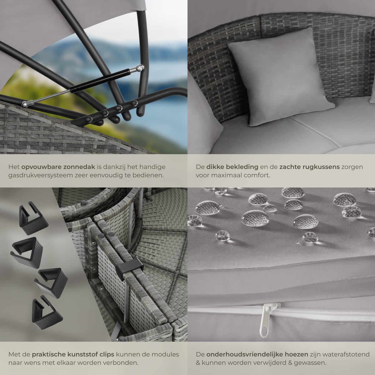 tectake® Wicker Zonne-eiland Santorini - Loungebed voor 2 Personen - Multifunctioneel Rond Ligbed met Zonnescherm - Vrij in te delen Tuin Ligstoel met Luifel - UV- en Weerbestendige Tuinset - Loungeset Inclusief Kussens - Grijs thumbnail 3