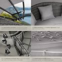 Details van het grijze loungebed: gasdrukveer zonnedak, dikke kussens, kunststof clips en waterafstotende hoezen.
