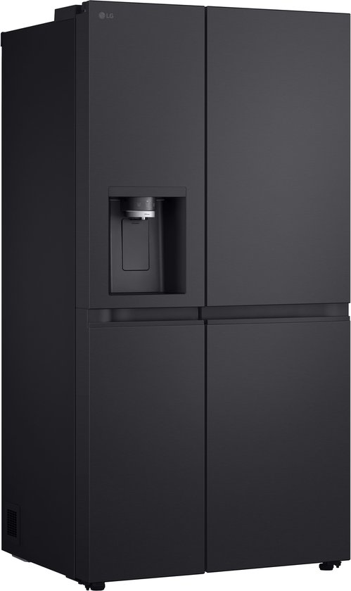 Zwarte LG Amerikaanse koelkast met een waterdispenser aan de linkerkant.
