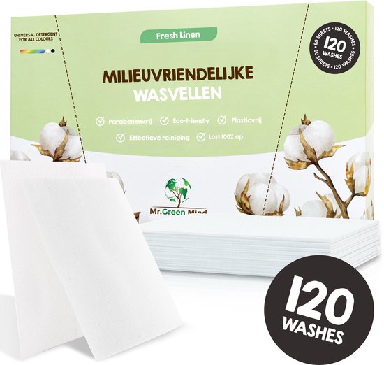 Mr. Green Mind Wasstrips 120 Wasbeurten Fresh Linen Wasmiddeldoekjes Wasvellen Wasdoekjes incl. wasverzachter