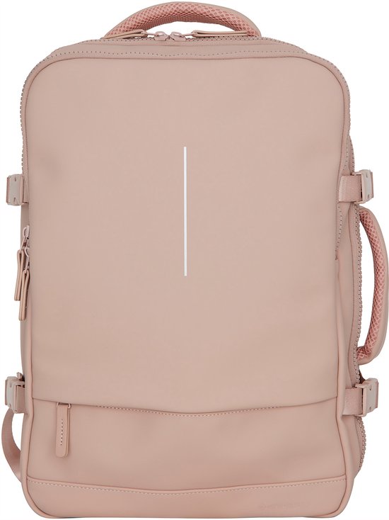 Roze rugzak met verticale witte streep en handvat.
