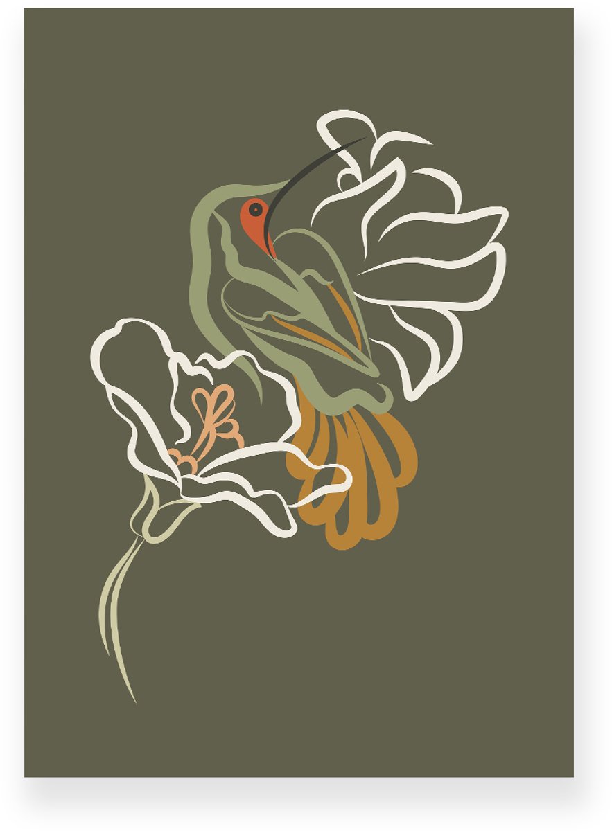 Yisual Aluminium plaat 30x40 cm - Poster - Kolibrie - Vogel - Bloemen - Groen - Bruin - Minimalistisch - Botanisch - Muurdecoratie - Wanddecoratie