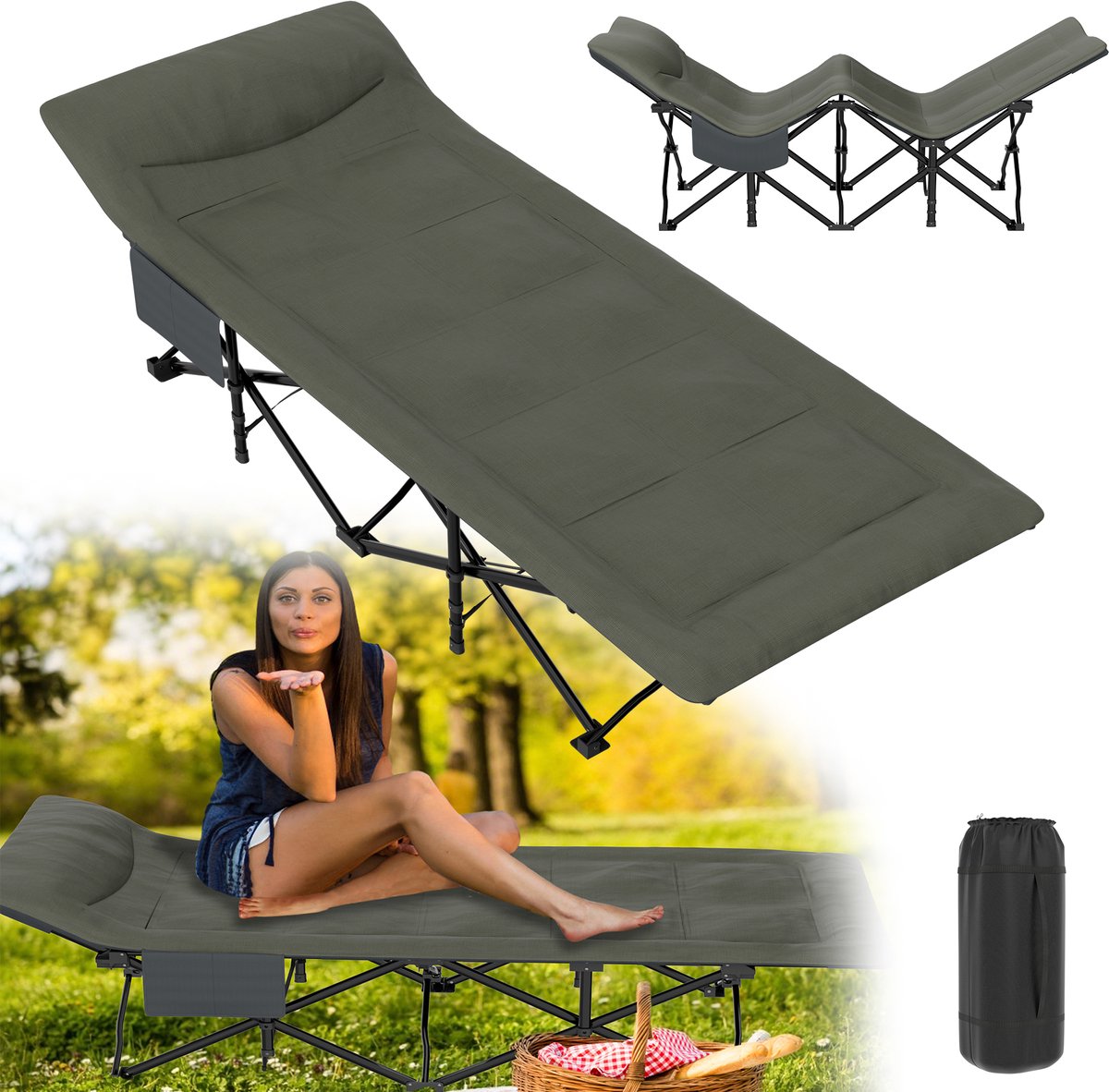 Veldbed, inklapbaar, tot 200 kg, campingbed met draagtas en zijzak, 185 x 75 x 40 cm, ergonomisch klapbed, groen, logeerbed met ge茂ntegreerd matras en kussen voor buiten