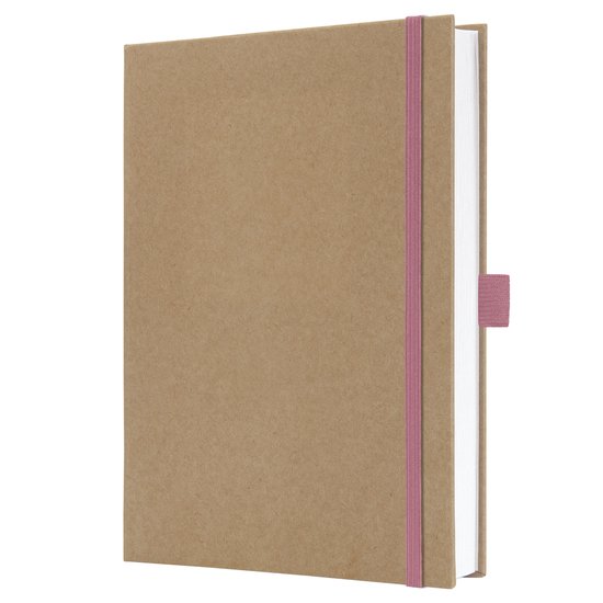 Carnet brun avec une bande élastique rose et une boucle rose pour maintenir les pages ensemble.
