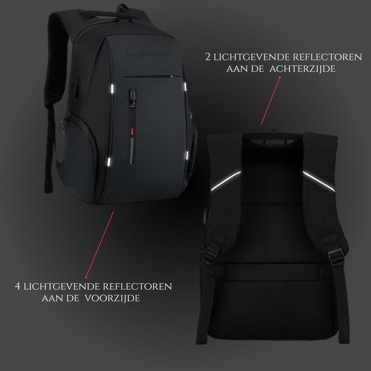 Rugzak Heren zwart 28L – Laptop Rugzak 15.6 Inch – Waterdichte Backpack met USB & Slot – Anti Diefstal – Schooltas & Werk Rugzak – Heren & Dames – Zwart Mauro Vinci® Motion – foto 8