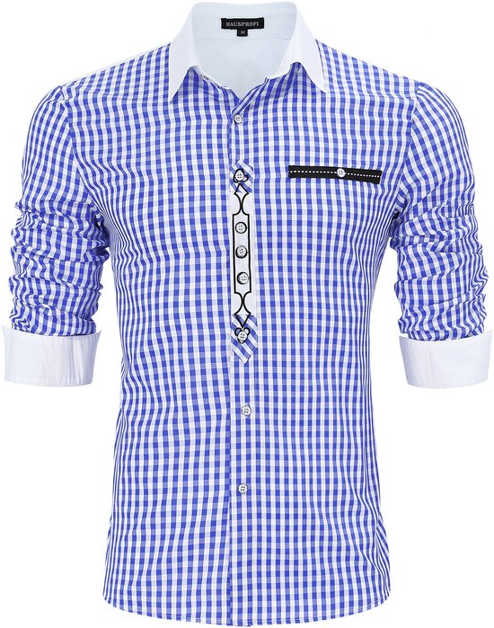Traditioneel overhemd slim fit heren geruit overhemd casual overhemd overhemd met lange mouwen geborduurd katoen - voor Oktoberfest, carnaval, zaken, vrije tijd Blauw L