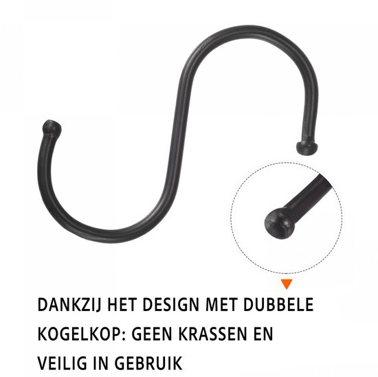 Zwarte S-haak met dubbele kogelkop voor anti-kras en veilig gebruik.