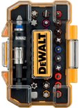 DeWalt bitset met gesloten transparante cassette, gele DeWalt logo en diverse schroefbits.
