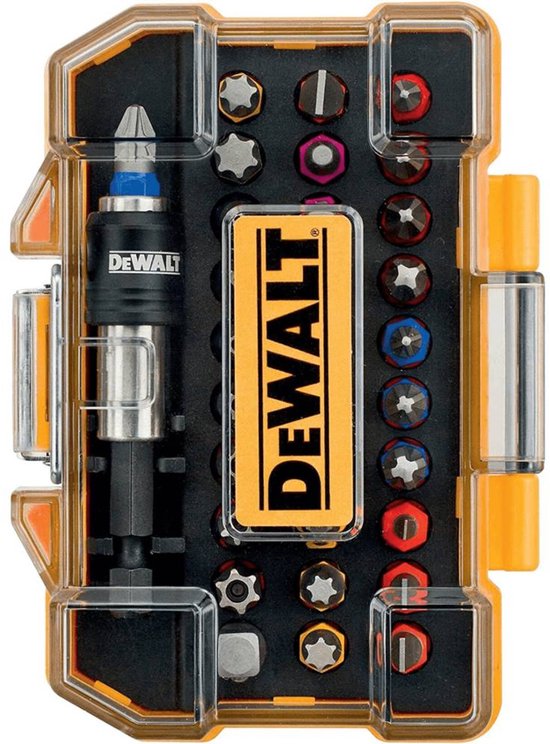 DeWalt bitset met gesloten transparante cassette, gele DeWalt logo en diverse schroefbits.