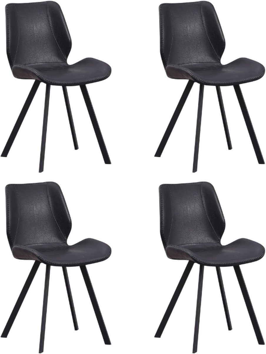 Dimehouse Set van 4 Eetkamerstoelen Industrieel Zwart Kunstleer Barry - Zonder Armleuningen - Kunstleer - Industrieel