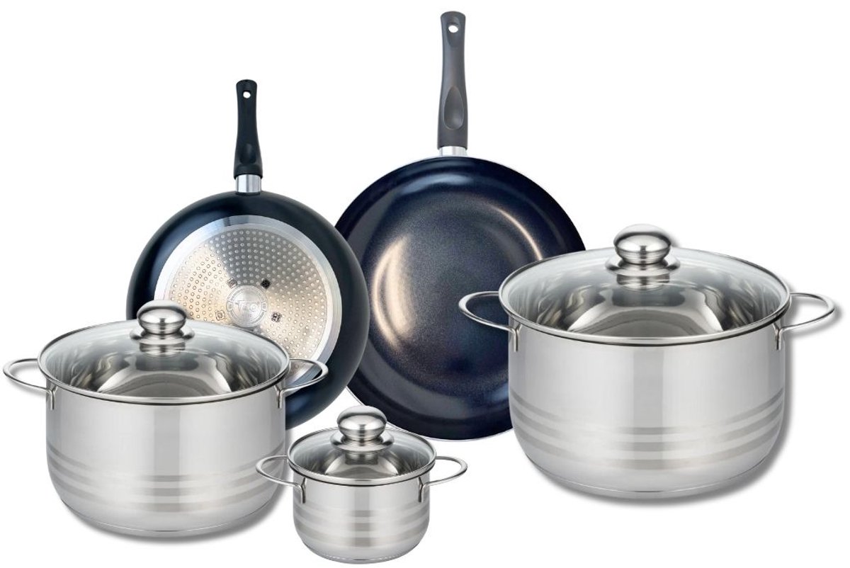 Set van 2 Koekenpannen 20 en 24 cm en 3 Kookpotten 12, 20 en 24 cm Elo Prima Brillant