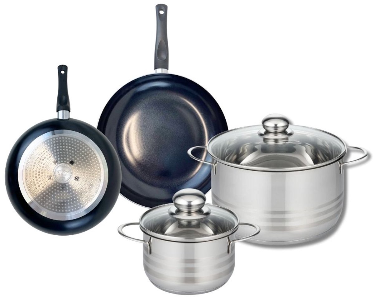Set van 2 Koekenpannen 20 en 24 cm en 2 Kookpotten 16 en 24 cm Elo Prima Glanzend