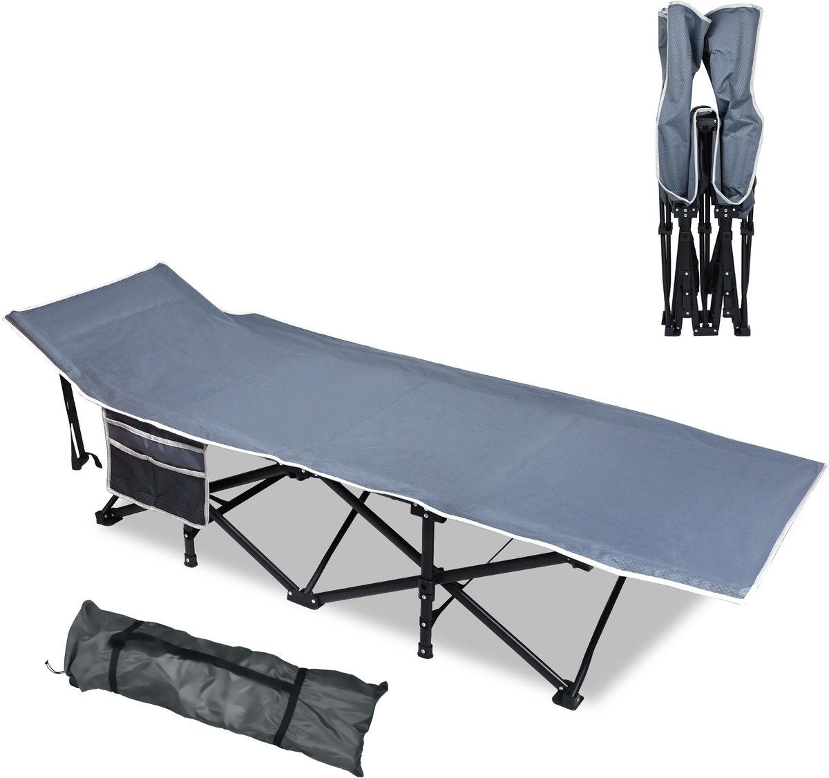 Aufun Campingbed Kampeerbedden Kampeerbed met Zijvak Draagtas Belasting 250 kg, Voor Kantoor Thuis Kamperen Grijs