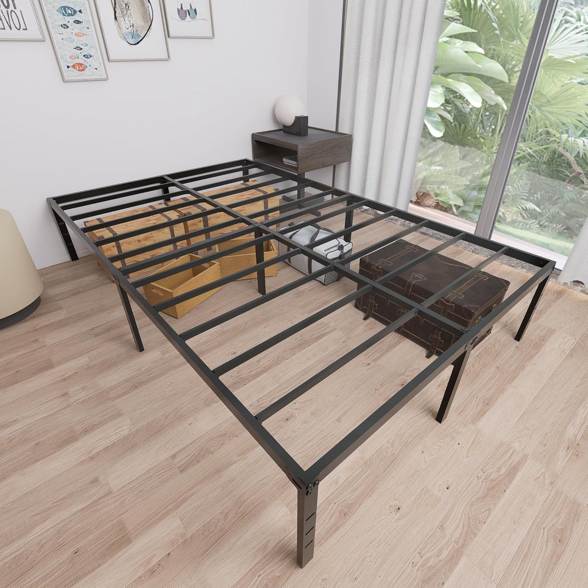 Aufun gestoffeerd bed 140 x 200 cm bedframe eenpersoonsbed van metaal, designbed modern jeugdbed met lattenbodem houten lattenbodem, bedframe, metalen bed, eenvoudige montage, zwart, logeerbed
