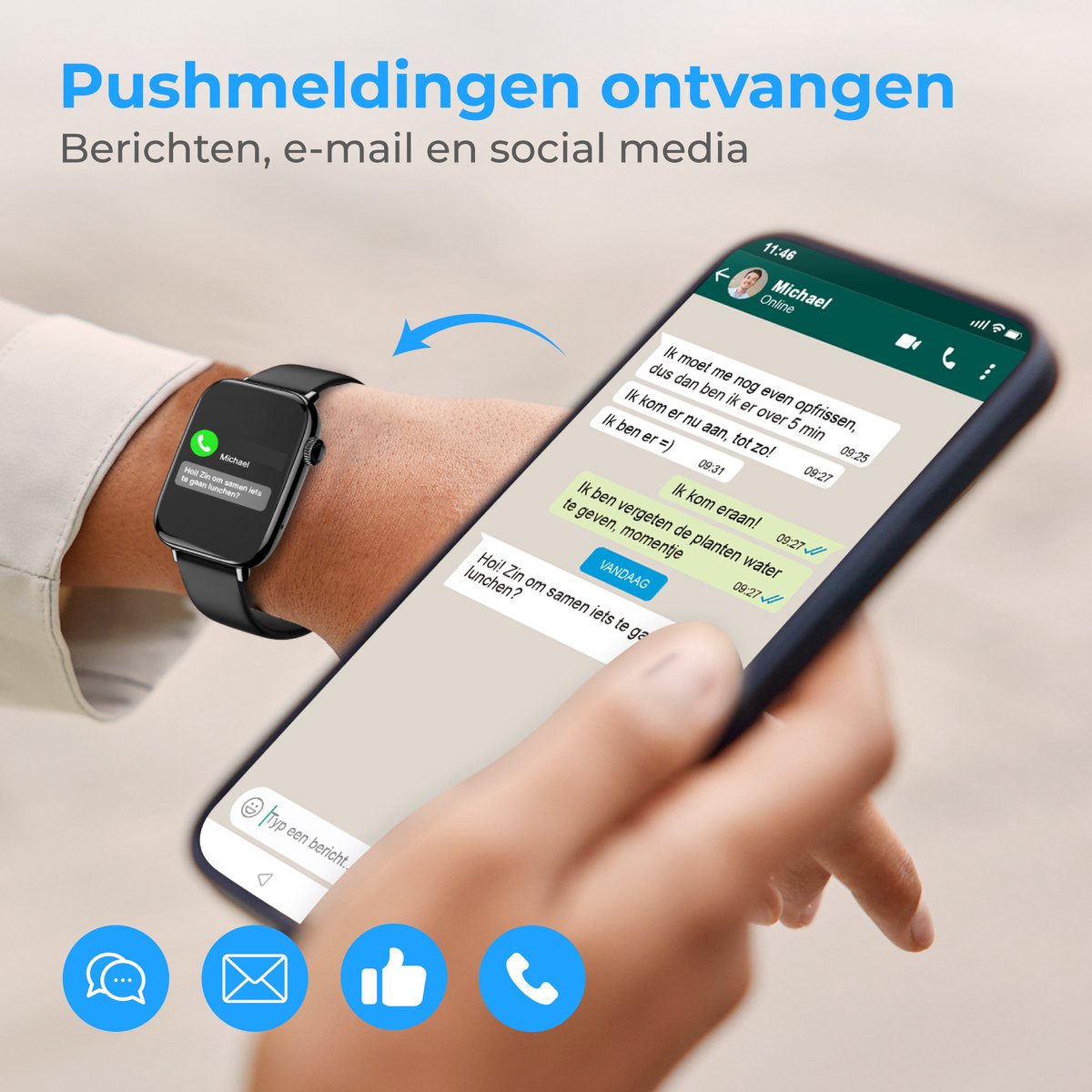 Afbeelding 2 van Nuvance Smartwatch Heren & Dames met Bluetooth - IP68 Waterdicht - Geschikt voor alle Smartphones - Stappenteller en Hartslagmeter - Zwart