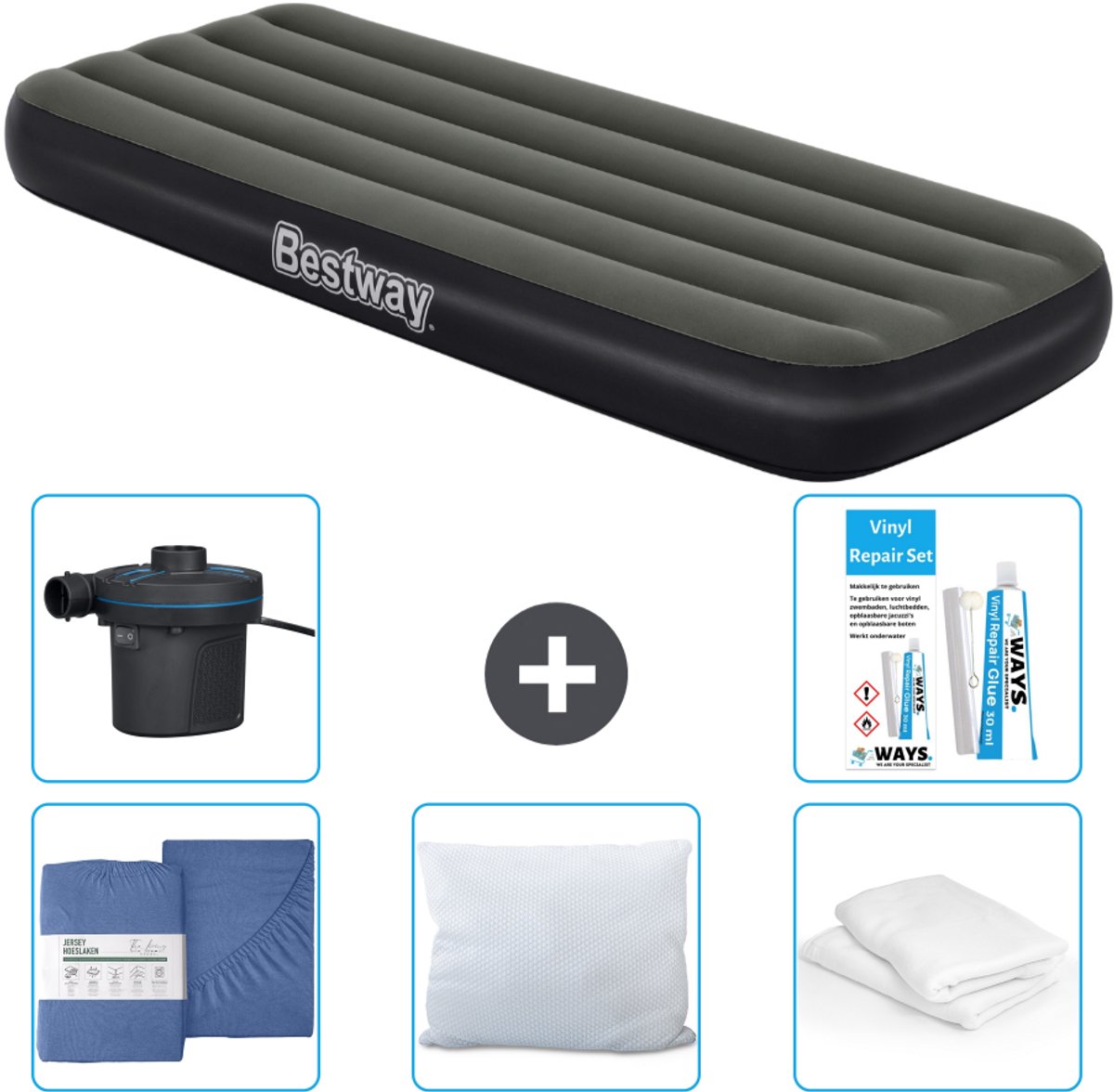 Bestway luchtbed - 1-Persoons - 76 x 185 x 25 cm - Groen - Inclusief Hoeslaken - Kussen - Kussenbeschermer - Pomp en Reparatieset