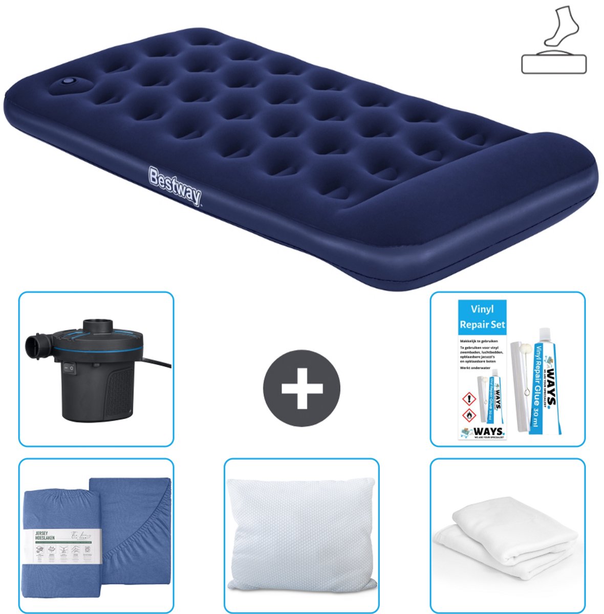 Bestway luchtbed - 1-Persoons - 99 x 188 x 28 cm - Blauw - Inclusief pomp - Hoeslaken - Kussen - Kussenbeschermer - Pomp en Reparatieset