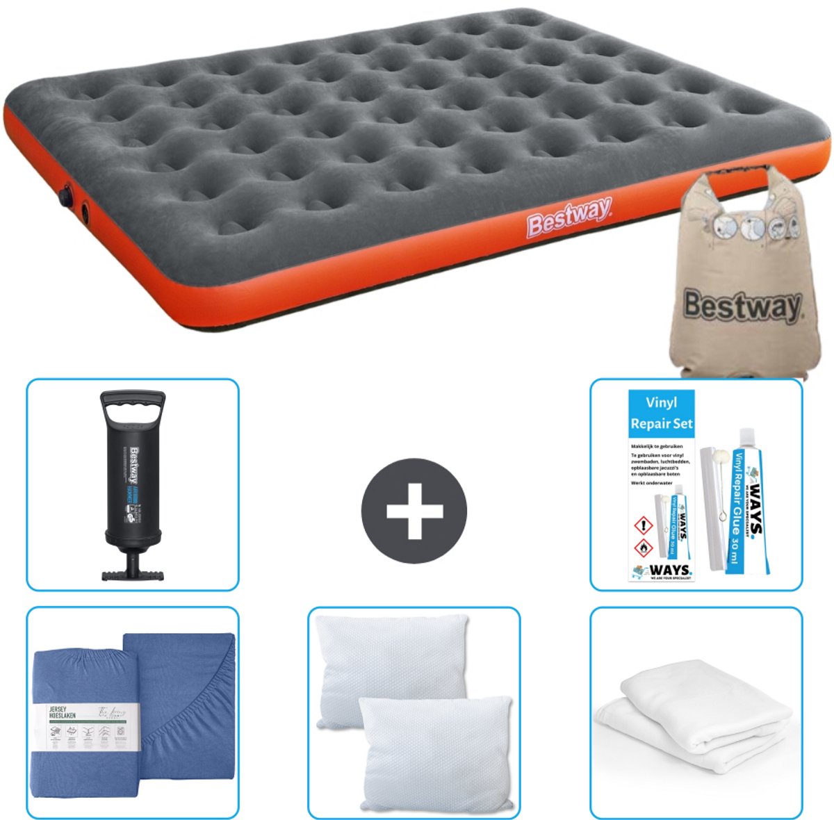 Bestway luchtbed - 2-Persoons - 152 x 203 x 22 cm - Grijs/Oranje - Inclusief Hoeslaken - Kussen - Kussenbeschermer - Pomp en Reparatieset