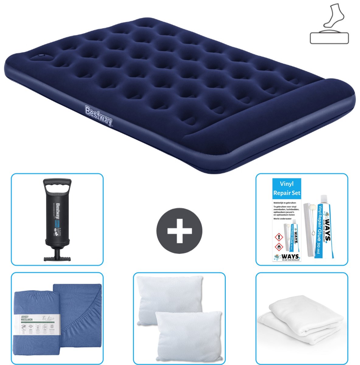Bestway luchtbed - Twijfelaar - 137 x 191 x 28 cm - Blauw - Inclusief pomp - Hoeslaken - Kussen - Kussenbeschermer - Pomp en Reparatieset