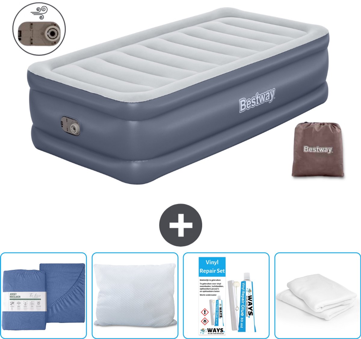 Bestway luchtbed - 1-Persoons - 97 x 191 x 51 cm - Grijs - Inclusief pomp - Hoeslaken - Kussen - Kussenbeschermer en Reparatieset