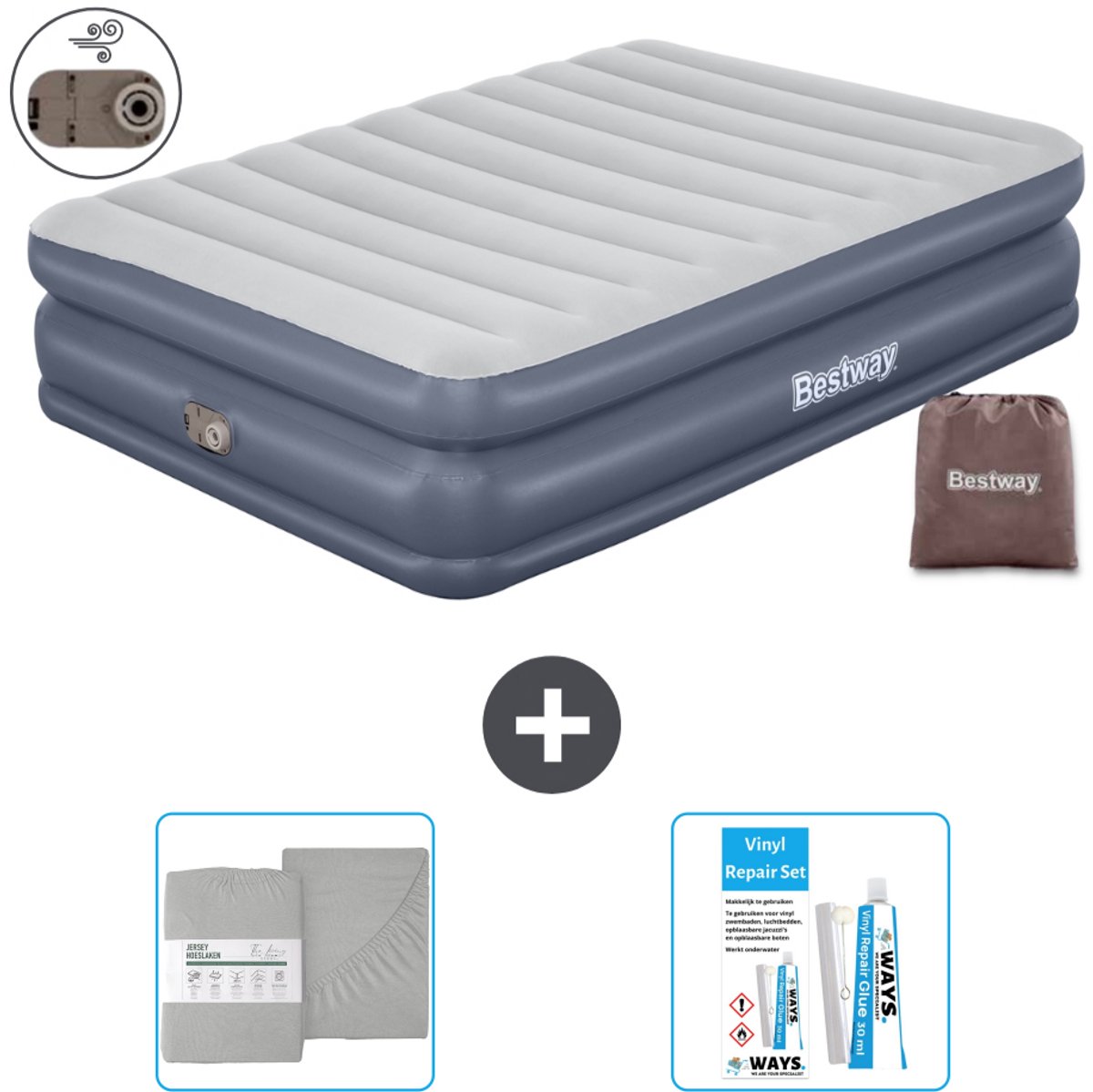 Bestway luchtbed - 2-Persoons - 152 x 203 x 51 cm - Grijs - - Inclusief pomp - Hoeslaken en Reparatieset