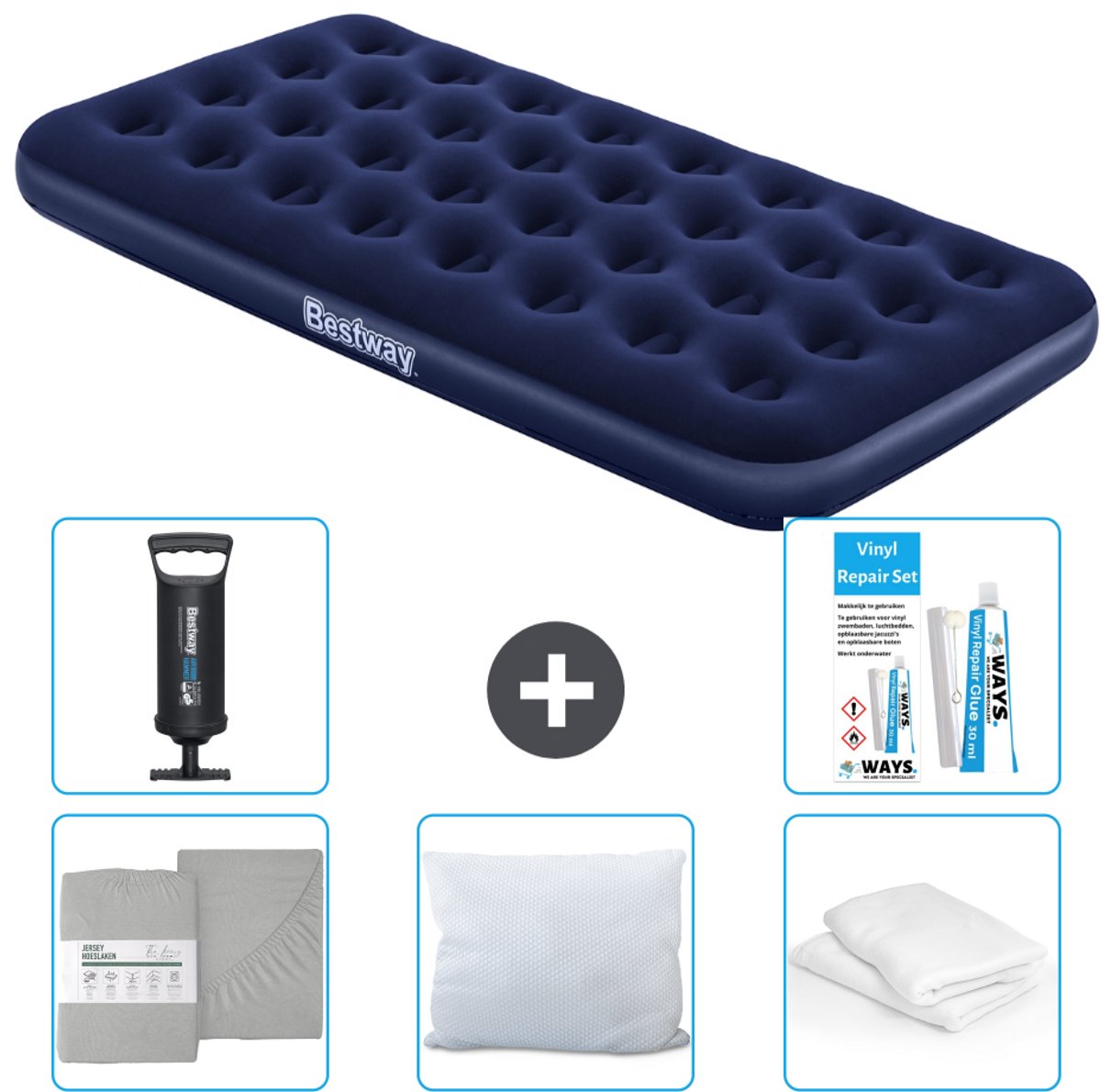 Bestway luchtbed - 1-Persoons - 99 x 188 x 22 cm - Blauw - Inclusief Hoeslaken - Kussen - Kussenbeschermer - Pomp en Reparatieset