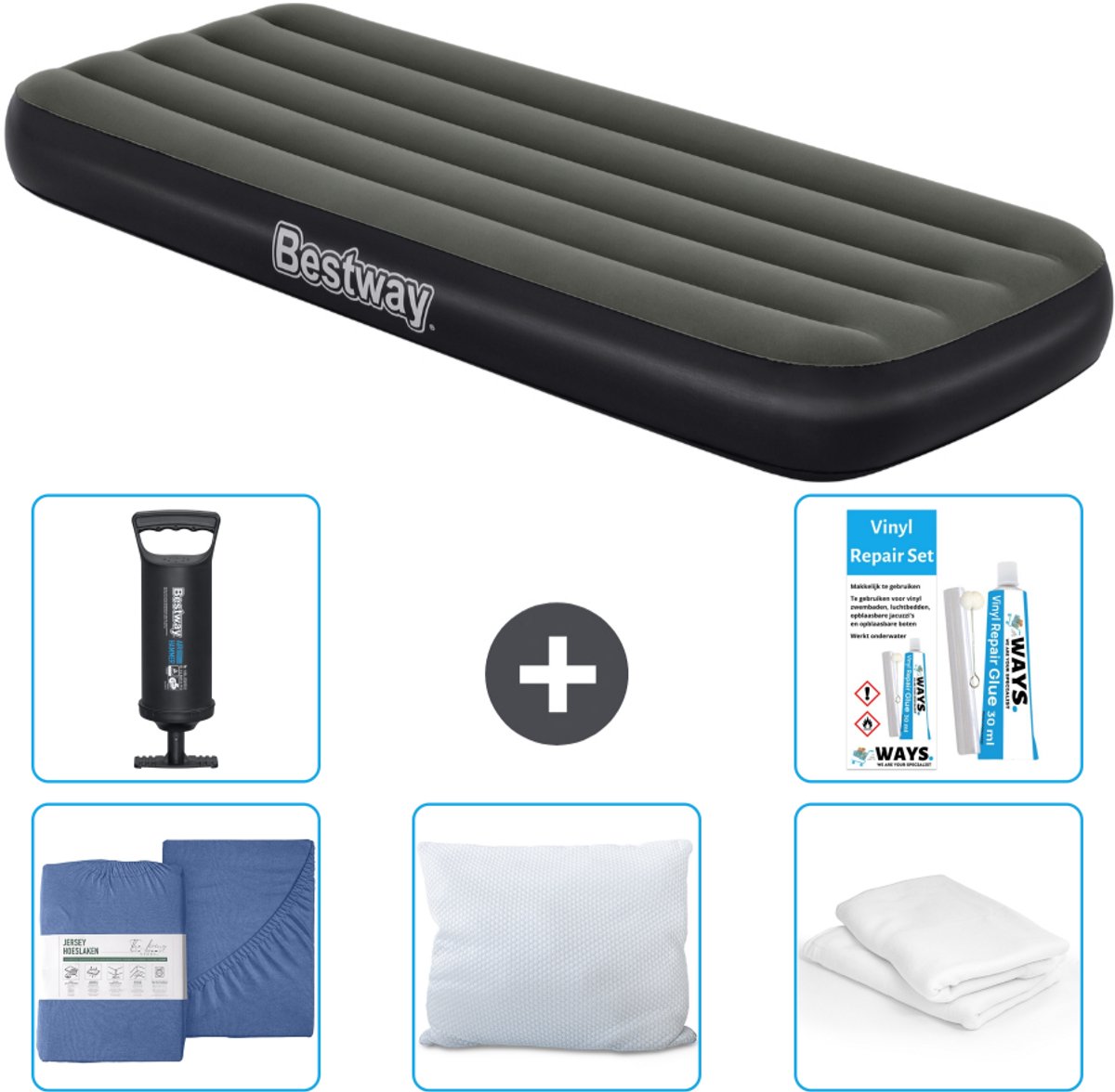 Bestway luchtbed - 1-Persoons - 76 x 185 x 25 cm - Groen - Inclusief Hoeslaken - Kussen - Kussenbeschermer - Pomp en Reparatieset
