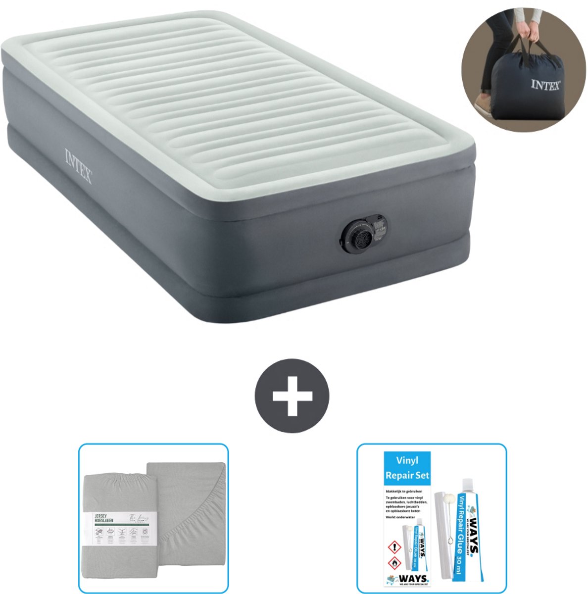 Intex Luchtbed - 1-Persoons - 99 x 191 x 46 cm - Grijs - Inclusief pomp - Hoeslaken en Reparatieset