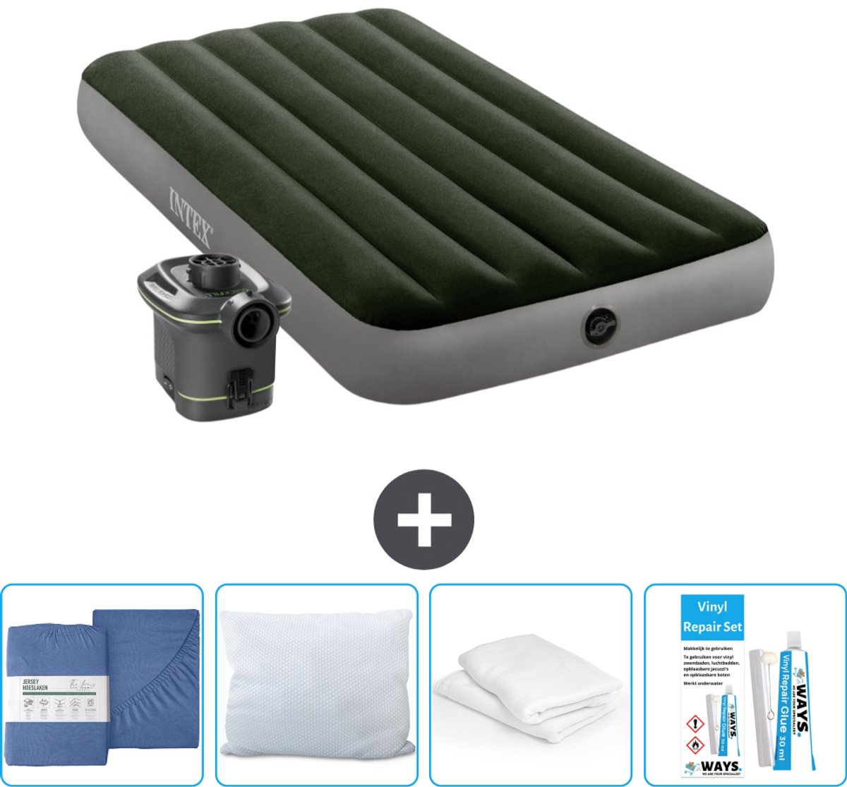 Intex Luchtbed - 1-Persoons - 99 x 191 x 25 cm - Groen - Inclusief pomp - Hoeslaken - Kussen - Reparatieset en Kussenbeschermer