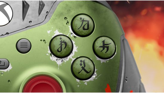 Groene Xbox controller knoppen met runen, rode joystick, bloedspatten en waterdruppels.