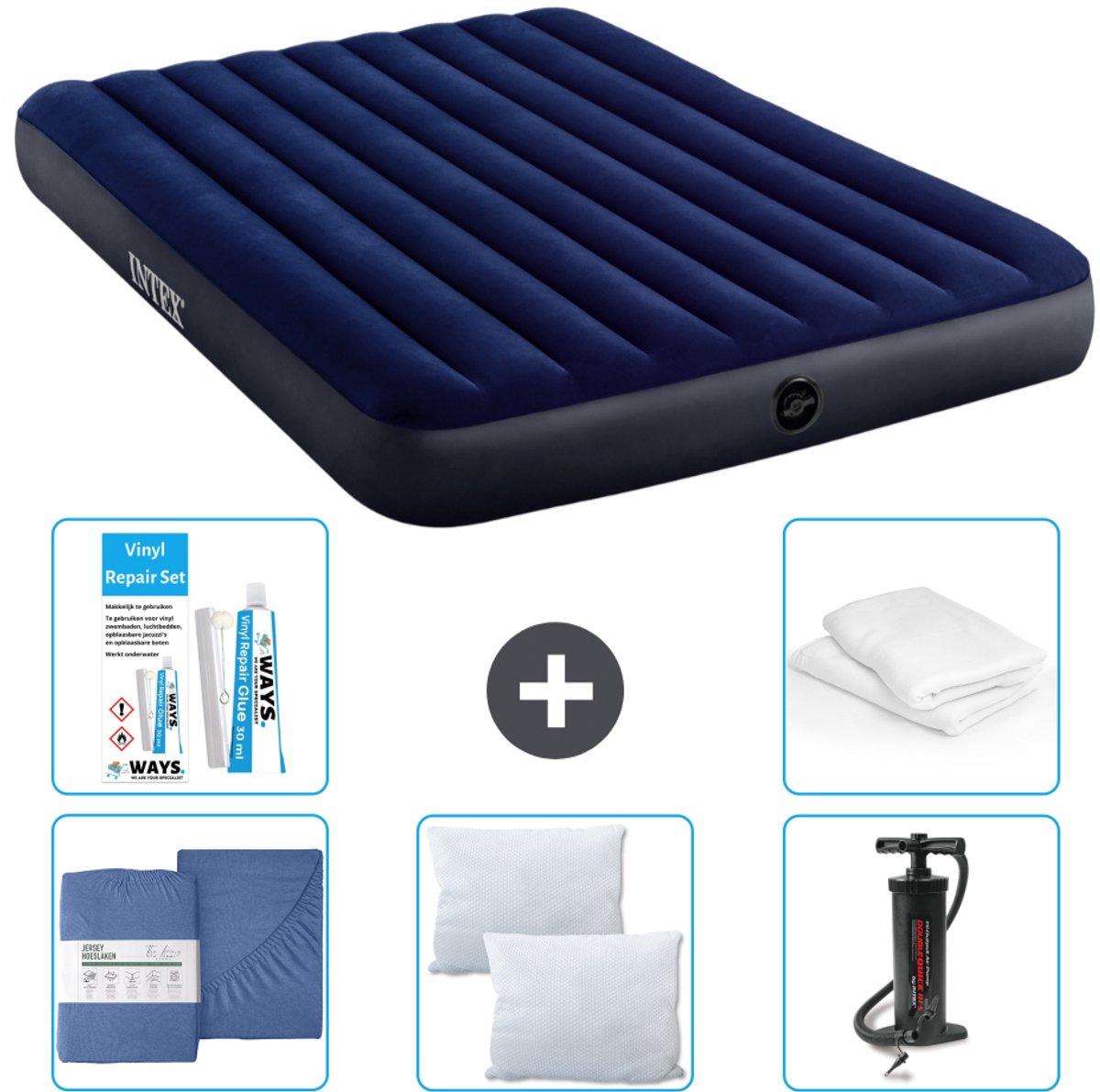 Intex Luchtbed - 2-Persoons - 152 x 203 x 25 cm cm - Blauw - Inclusief Hoeslaken - Kussen - Pomp - Reparatieset en Kussenbeschermer