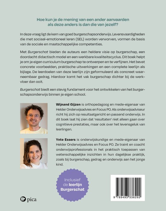 Boek 'burgerschat' met portretten van Wijan Gijzen en Ynte Essers. Inclusief een paarse cirkel met 'Inclusief de Burgerschat'.