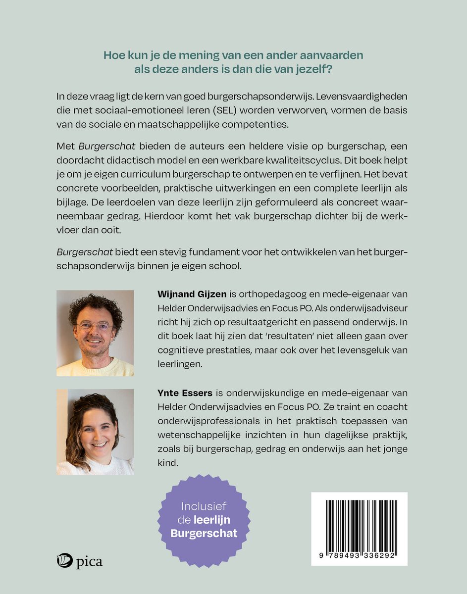 Boek 'burgerschat' met portretten van Wijan Gijzen en Ynte Essers. Inclusief een paarse cirkel met 'Inclusief de Burgerschat'.