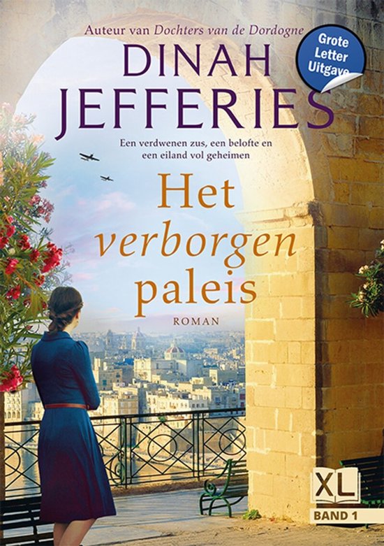 Een vrouw kijkt uit over een stad, met de titel 'Het verborgen paleis' door Dinah Jefferies.